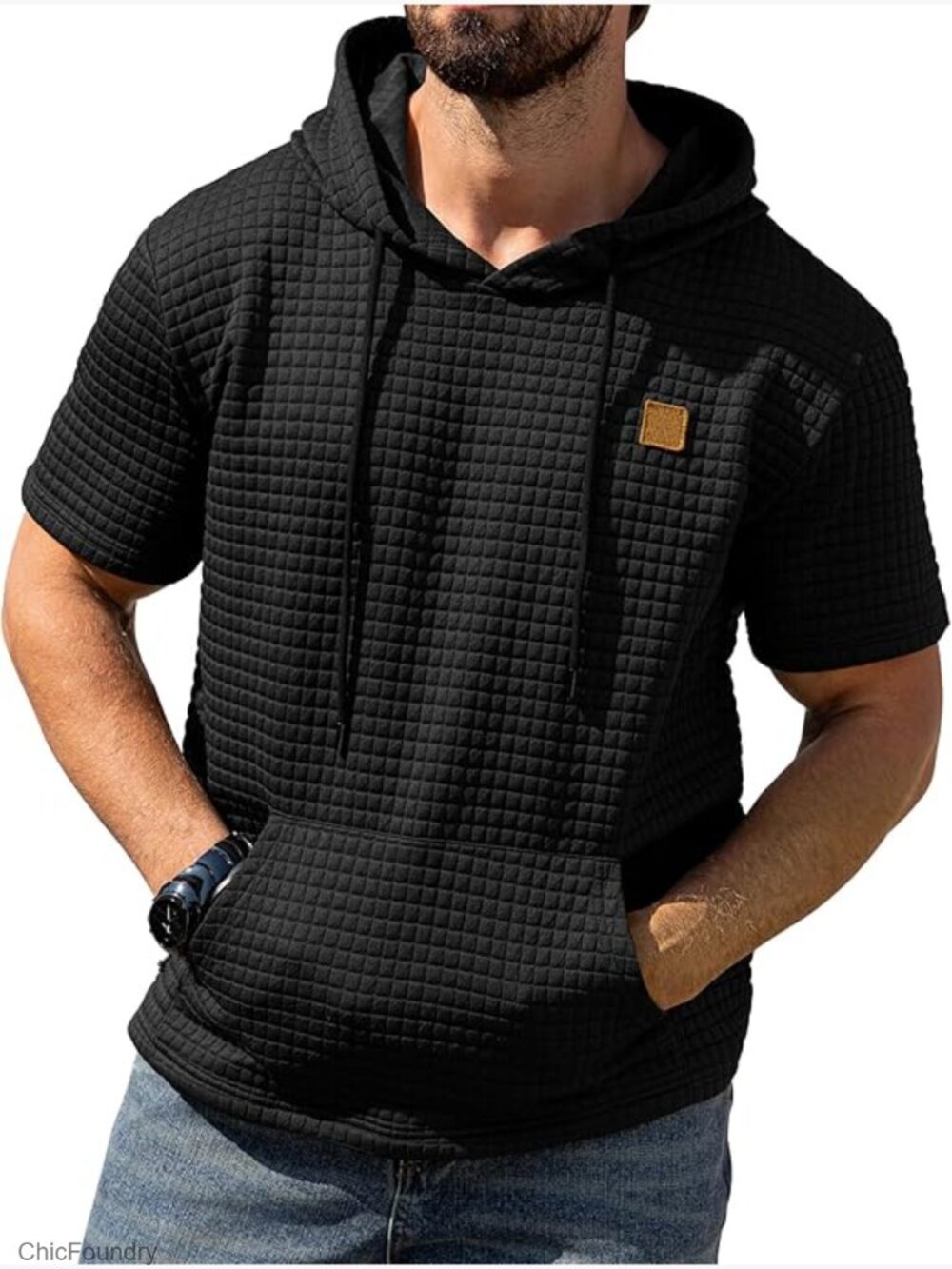 Men's Short Sleeve Hoodie Pullover Waffle Knit Casual Drawstring Kanga Pocket